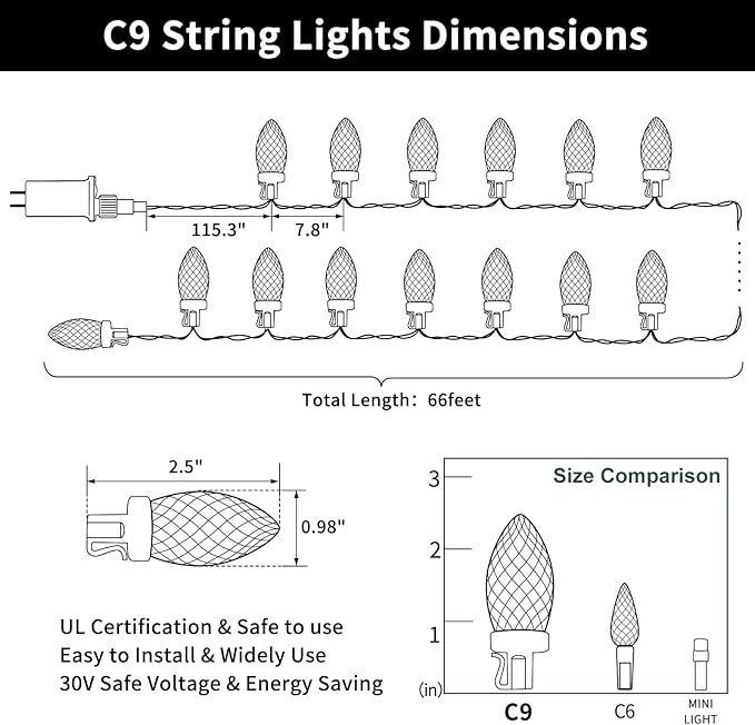 ZAIYW C9 Christmas String Lights 66ft 100 LED Strawberry Lights UL Plug C9 String Lights Green Wire Waterproof for | Lumora