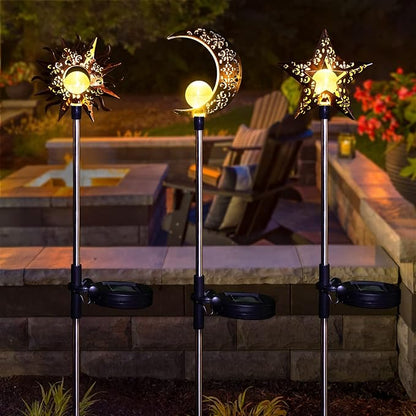 Solar Garden Stake Lights, Moon Sun Star Yard Decorations Outdoor 3 Pack Solar Garden Decor for Lawn, Pathway, Flower Bed, Memorial Garden, Patio Outdoor Gifts for Mom, Loved Ones