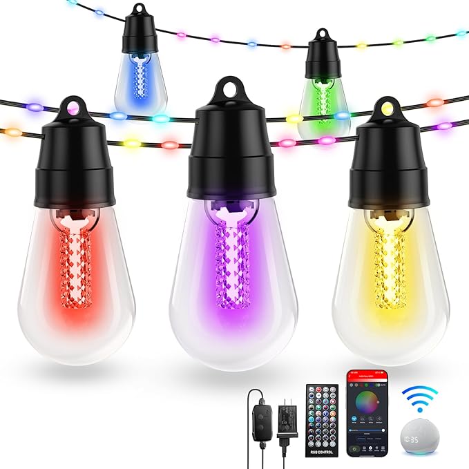 TCL Outdoor String Lights, 46FT 15 Bulbs Patio String Lights, App Control, Colors Changing String Lights for Outside, 84 RGBIC, IP65 Waterproof, Outdoor Lights for Garden, Porch, Cafe, Bistro, Party