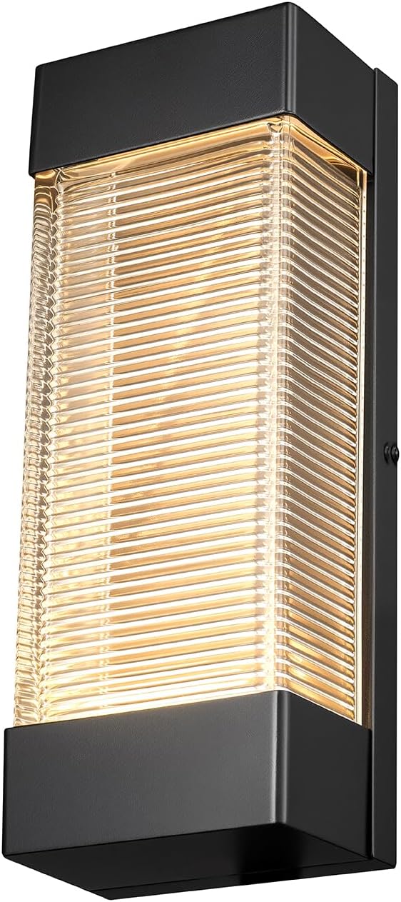 Globe Electric 16W LED Integrated Outdoor Wall Sconce, Matte Black, Ribbed Glass, Dusk to Dawn Sensor, Dimmable | Lumora