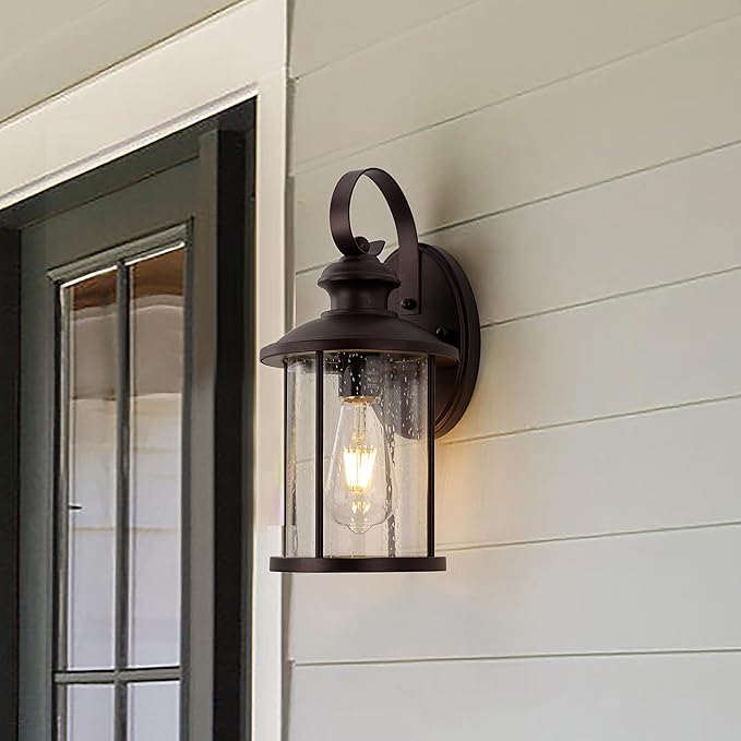MICSIU 2 Pack 13.75" Oil Rubbed Bronze Outdoor Wall Light Fixtures, 100W Max Exterior Porch Sconce with Clear Seedy Glass, Dimmable Anti-Rust Wall Mount Lighting for House, Garage, Front Door