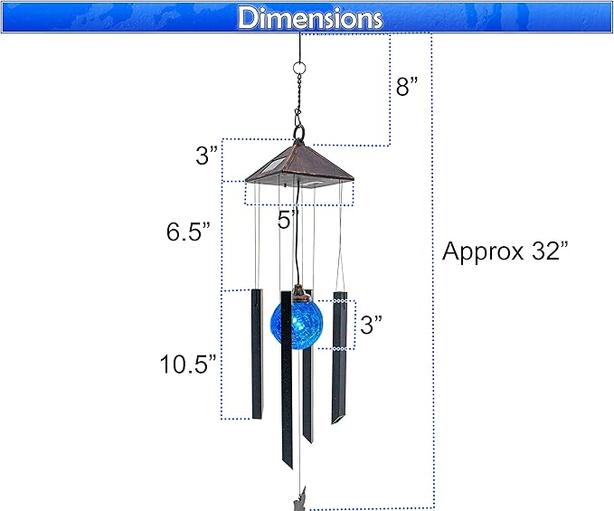 Solar Wind Chimes w/Color Changing Crackle Glass Globe Light w/Butterfly & 4 Iron Tubes - Outside Hanging Led Solar Lights Outdoor Garden Lantern Light