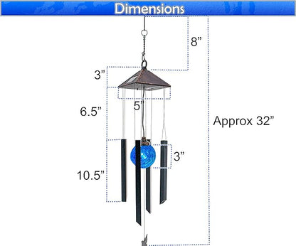 Solar Wind Chimes w/Color Changing Crackle Glass Globe Light w/Butterfly & 4 Iron Tubes - Outside Hanging Led Solar Lights Outdoor Garden Lantern Light
