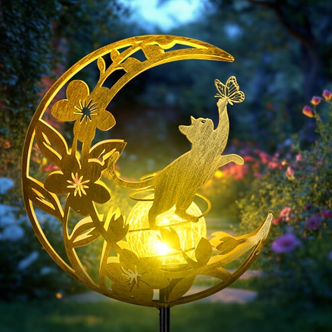 JOBOSI Moon Cat Waterproof Outdoor Cat Lover Solar Light for Garden, Yard, Patio Decor, Auto On/Off, Long-Lasting Battery, Unique Gift for Women Mom, Grandma, Christmas