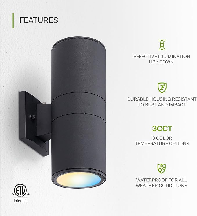 ASD 2 Light Dusk to Dawn LED Outdoor Wall Light Fixture | 18W 1900LM 3000K-5000K 120V Cylinder Up Down Lights | | Lumora