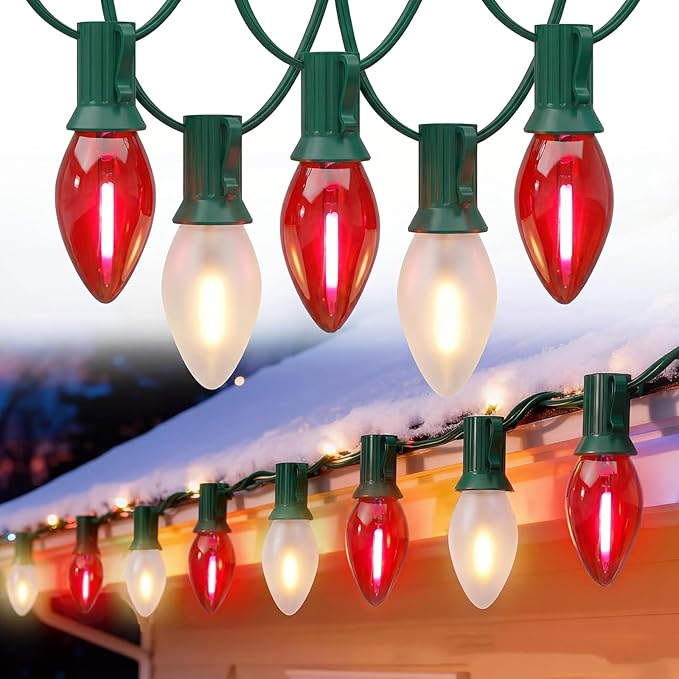 Red and White Christmas Lights Outdoor,25ft C7 LED Christmas Lights with 27 Transparent Red and Frosted White Bulbs,Connectable Vintage Light for Patio Xmas Garden Party Holiday Decor