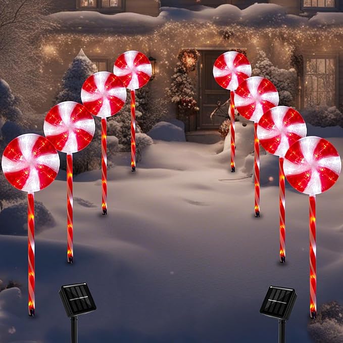 Christmas Solar Pathway Lights, 27" Set of 8 Lollipops Peppermint Stake Lights, 8 Modes Candy Cane Walkside Lights, Outdoor Xmas Decoration for Walkway,Yard(8PCS-Red)