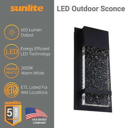 Sunlite LED Wall Sconce, Black Metal Frame with Raindrop Effect Glass Panel, 6.5" Wide, 3000K Warm White, Indoor & Outdoor, ADA Compliant