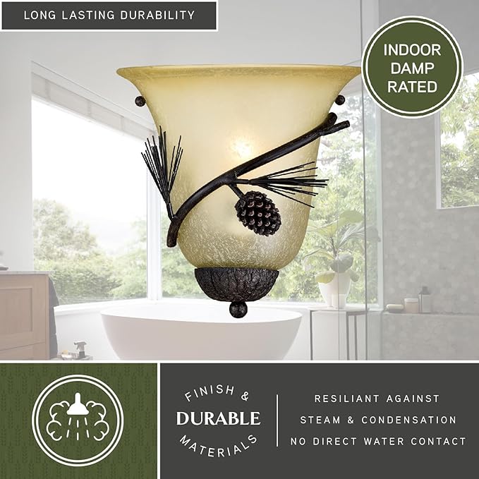 VAXCEL 2-Pack Sierra 1 Light Bronze Rustic Pinecone Half Moon Wall Sconce Cream Glass | Lumora