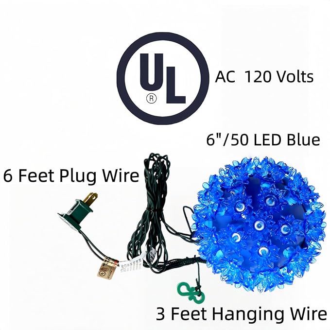 LUCKY SHINE 50 LED Blue Sphere Light, Commercial Grade 6" Starlight Sphere Lights, for Christmas Trees, Windows, Porches, Gate.