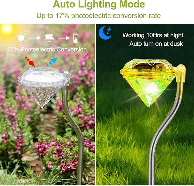 4 Pack LED Solar Lights, Outdoor Decorations 7-Color Changing LED Diamond Solar Light, Stainless Steel Stake Pathway Lights for Garden Path Walkway Patio Lawn Yard Christmas Halloween Decorations