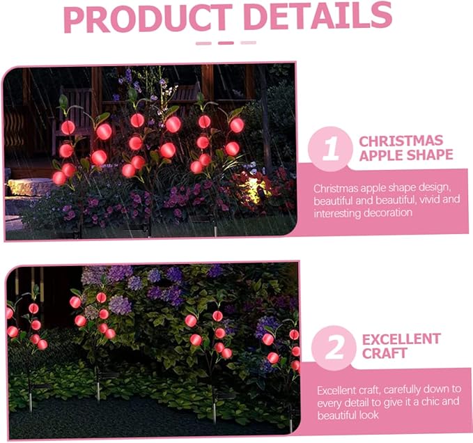 3pcs Led Garden Stake Light Solar Pathway Lights for Outdoor Apple Shape Decorative Lamp for Garden Decking Christmas Decor