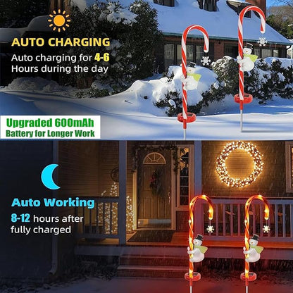 2 Pieces Set 27 Inch Christmas Solar Snowman Candy Cane Lights Pathway Markers Waterproof Outdoor Landscape Lights Decor Garden Spotlights for Xmas Party Lawn Wedding Festival CCN2