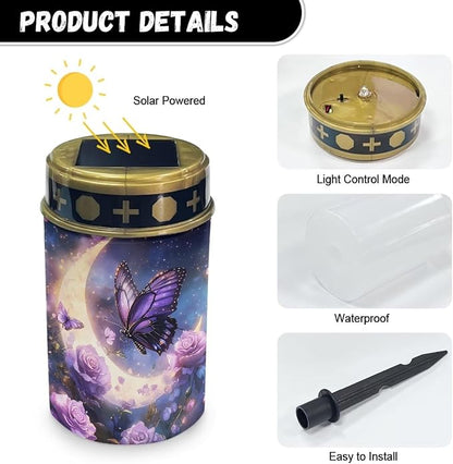HUGS IDEA Moon Butterfly Solar Grave Lights Rose Solar Path Lights for Outdoor Garden Waterproof Solar-Powered Lighting for Gardens Yard Patios & Memorial Night