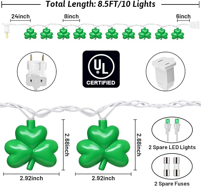 St Patricks Day Decorations Shamrock String Lights, 8.5FT Green Lucky Clover String Lights Waterproof with 10 Green | Lumora