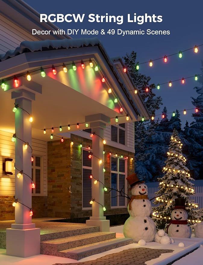 XMCOSY+ 48FT Smart Outdoor String Lights - RGBCWIC Dimmable Acrylic Bulbs, Color Changing LED Patio Lights APP WiFi | Lumora