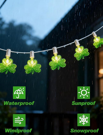 St Patricks Day Shamrock String Lights, 10.5ft Connectable Outdoor Green Clover Lights, Warm White Wire, UL Listed Waterproof