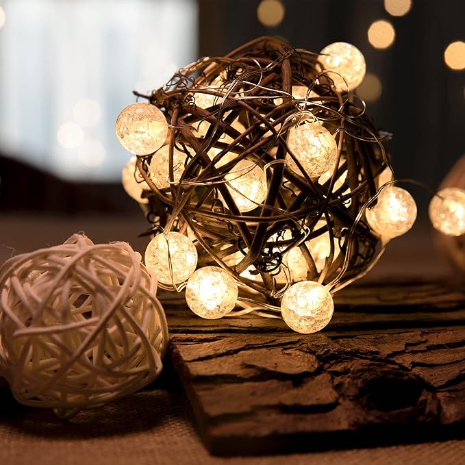 Globe String Lights for Bedroom, Decorative Lightning, Christmas Lights, Crystal Crackle Ball Lights 10Ft 30 LED Soft White Battery Operated Fairy Lights Perfect for Valentine's Day Decor