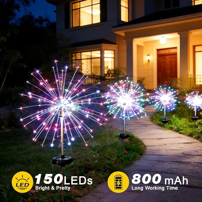 Solar Fireworks Lights for Outside, 150LED 8 Modes Fireworks Solar Lights Outdoor, Fairy Garden Flowers for Yard Pathway Wedding Party Christmas Diwali Garden Decor 2Pack (Multicolor)
