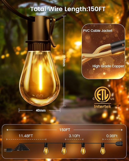 Torkase 150FT Outdoor String Lights LED, 45+3 S14 Bulbs Shatterproof, IP54 Waterproof Dimmable for Large Outdoor Events, Resorts, Hotel Lighting - Commercial Grade Connectable