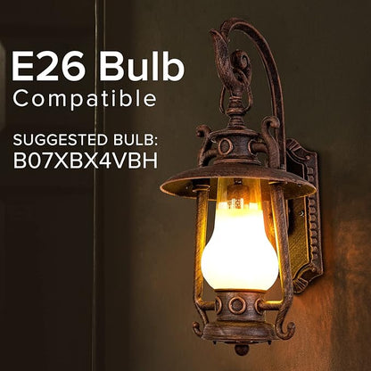GZBtech Large Rustic Lantern Wall Sconce Outdoor, Vintage Rust Color Exterior Sconce Light, 110V Waterproof Kerosene Wall Mounted Lighting Fixture with Frosted Shade for Porch Garage Room, UL Listed