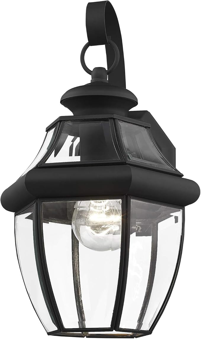 Livex Lighting 2151-04 Monterey 1 Light Outdoor Black Finish Solid Brass Wall Lantern with Clear Beveled Glass, 13" | Lumora