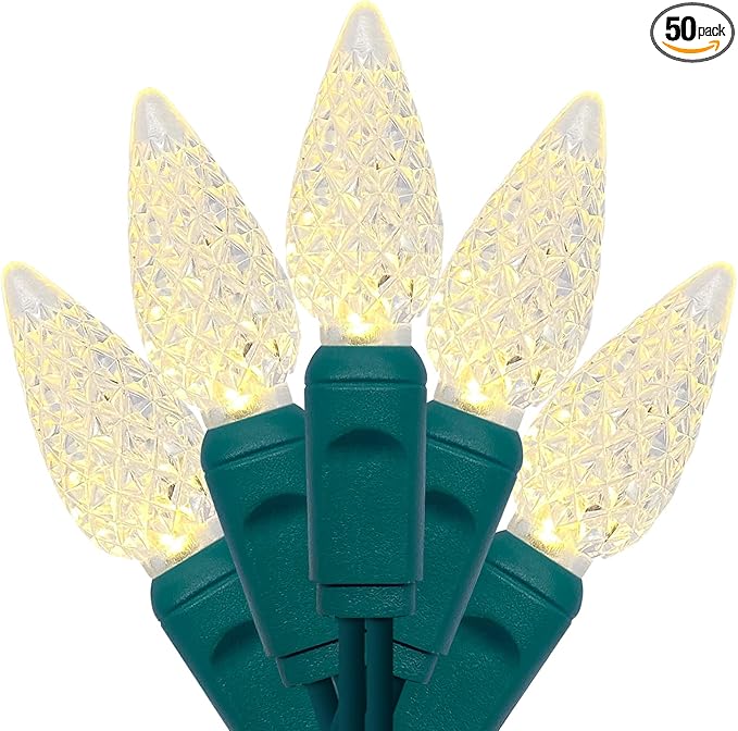 UL Listed 50 Count C6 Led Christmas Lights,C6 Strawberry Lights Bulbs,Outdoor Led String Lights for Garden Patio Halloween Christmas Trees Decoration,17 Feet Green Wire (Warm White)