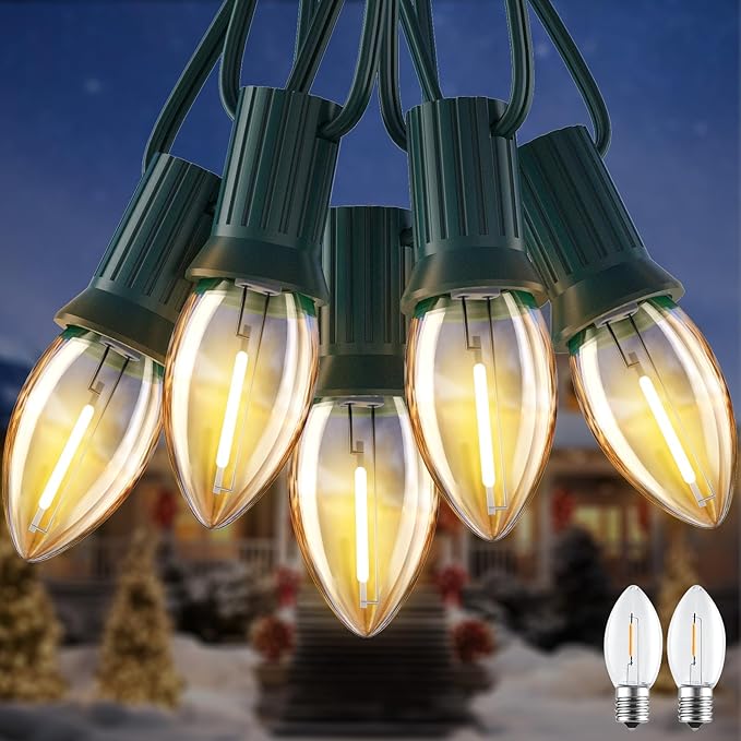 Minetom 50FT C7 LED Christmas Lights, Outdoor Vintage String Lights with 52 Bulbs(2 Spare), Commercial Hanging Christmas Lights for Xmas Holidays Roofline Patio Garden Party Wedding Decor