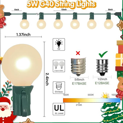 G40 Christmas Lights 25Ft Frosted Christmas Lights with 27 Edison Incandescent Round Bulbs,Connectable Xmas Globe Light for Indoor/Outdoor Tree Holiday Party Garden Decor,Green Wire
