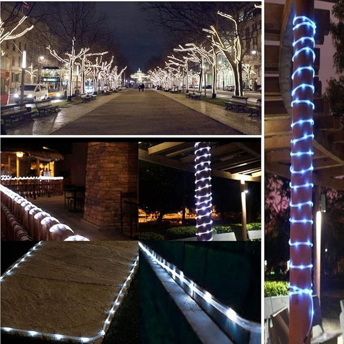 Solar String Lights, 40FT Christmas Solar Rope Lights, 8 Modes 100 LED Outdoor Lighting Rope, Waterproof Copper Wire Rope String Light for Outdoor Indoor Home Garden Patio Parties(White)