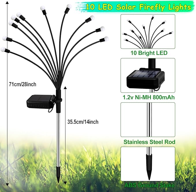 Kohlrabi Solar Garden Lights Outdoor, 6 Pack 60 LED Pink Firefly Lights Waterproof, Sway by Wind, Solar Swaying | Lumora
