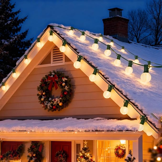 25ft Outdoor Christmas LED String Lights,G40 Frosted White Globe Lights with 27pcs Plastic Bulbs,Round Bulb | Lumora