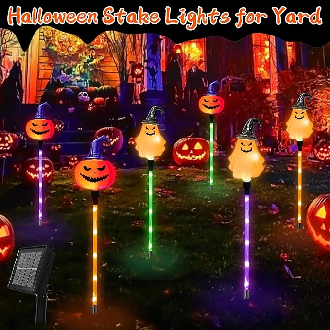 Halloween Decorations Outdoor Solar Pumpkin Ghost Witches Hats Lantern Garden Stake Lights, 6 Pack 8 Modes Solar Halloween Lights Waterproof for Outside Yard Pathway Grave Lawn Porch Party Decor Decor
