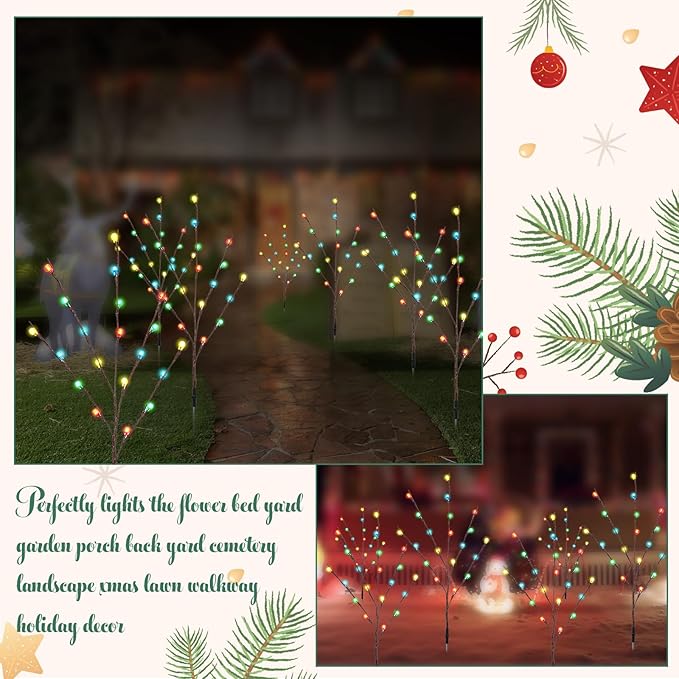 Retisee Garden Christmas Solar Lights - 2 Sets 8 Pcs LED Twig Stake Outdoor Decor - Solar Firefly Christmas Tree Light - 160 LED C6 Fairy Light for Lawn Pathway Xmas Yard Stake