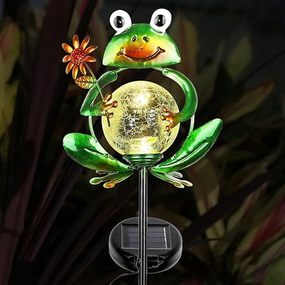 Garden Solar Lights Outdoor Decorations, Waterproof Frog Crackle Glass Globe Metal Garden Stake Lights, Solar Powered Warm White LED Light for Pathway Lawn Patio Yard Decor Mother's Day Gift