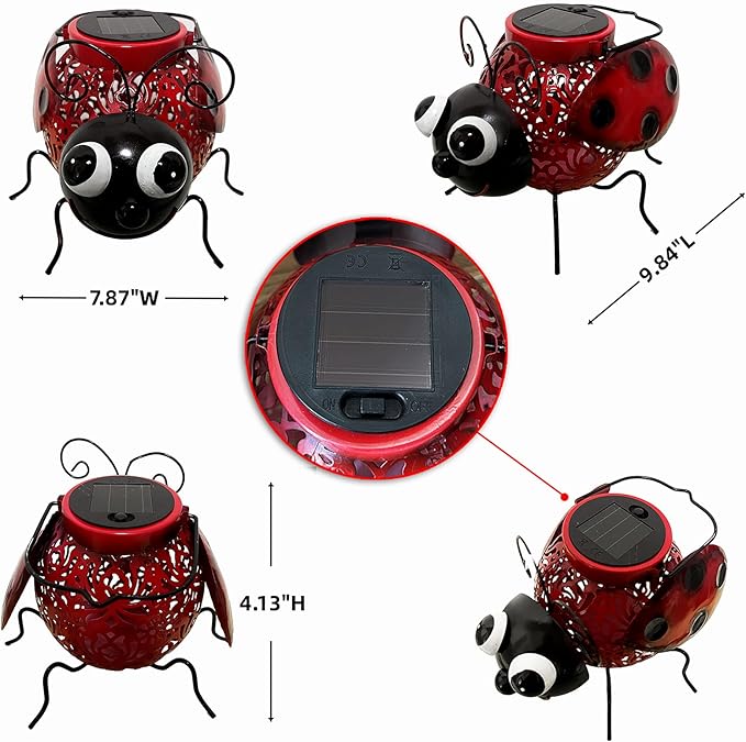 9.8" Ladybug Solar Powered Metal Sculpture - LED Figurine Night Garden Light, Ladybug Solar Light Metal Statue, Yard Art, Patio Accent,Outdoor Lawn Solar Decor, Landscape Path Light Ornament