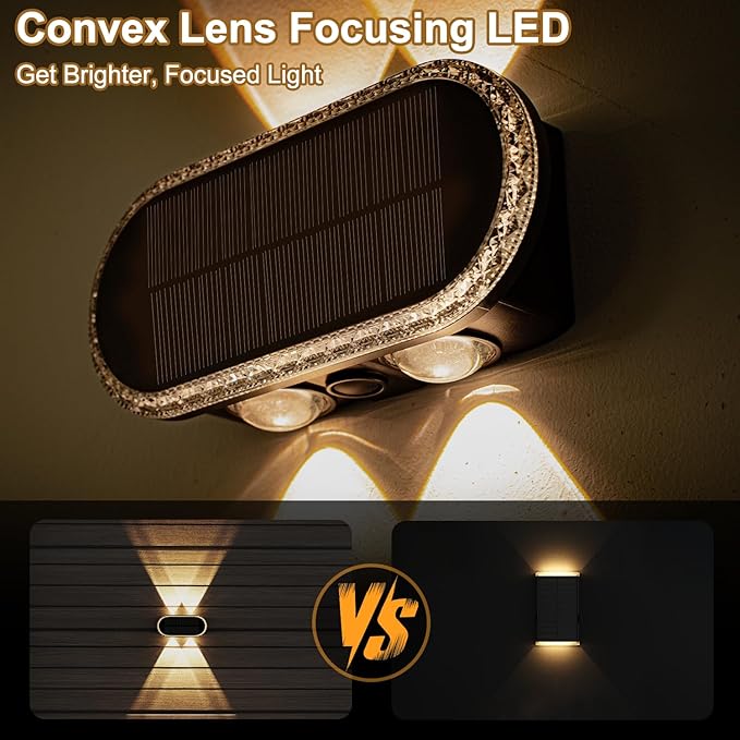 Ellasay Solar Fence Lights Outdoor: Waterproof IP65 with Dual LED Up Down Wall Lighting 3 Color Modes Diamond Crystal Cut Design Easy to Install for Garden Backyard Patio 6 Pack