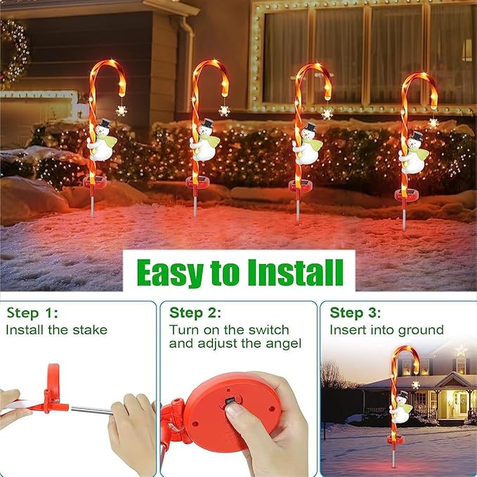 2 Pieces Set 27 Inch Christmas Solar Snowman Candy Cane Lights Pathway Markers Waterproof Outdoor Landscape Lights Decor Garden Spotlights for Xmas Party Lawn Wedding Festival CCN2