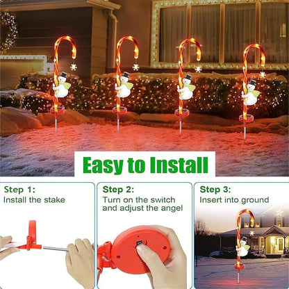2 Pieces Set 27 Inch Christmas Solar Snowman Candy Cane Lights Pathway Markers Waterproof Outdoor Landscape Lights Decor Garden Spotlights for Xmas Party Lawn Wedding Festival CCN2