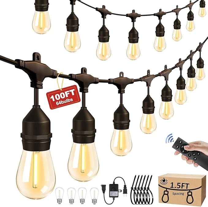 100FT Outdoor String Lights with 64+4 Bulbs (1.5FT Bulbs Spacing), Remote & Dimmer, Commercial Patio String Lights | Lumora