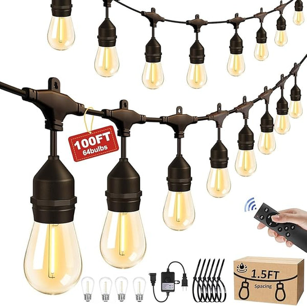 100FT Outdoor String Lights with 64+4 Bulbs (1.5FT Bulbs Spacing), Remote & Dimmer, Commercial Patio String Lights | Lumora