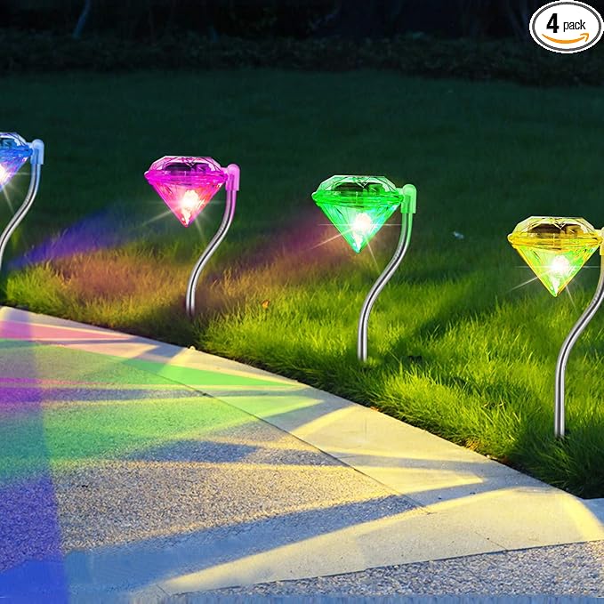 4 Pack LED Solar Lights, Outdoor Decorations 7-Color Changing LED Diamond Solar Light, Stainless Steel Stake Pathway Lights for Garden Path Walkway Patio Lawn Yard Christmas Halloween Decorations