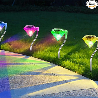 4 Pack LED Solar Lights, Outdoor Decorations 7-Color Changing LED Diamond Solar Light, Stainless Steel Stake Pathway Lights for Garden Path Walkway Patio Lawn Yard Christmas Halloween Decorations