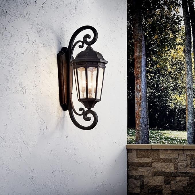 Kichler Courtyard 40.50" 3 Light Outdoor Wall Light with Clear Seeded Glass in Textured Black | Lumora