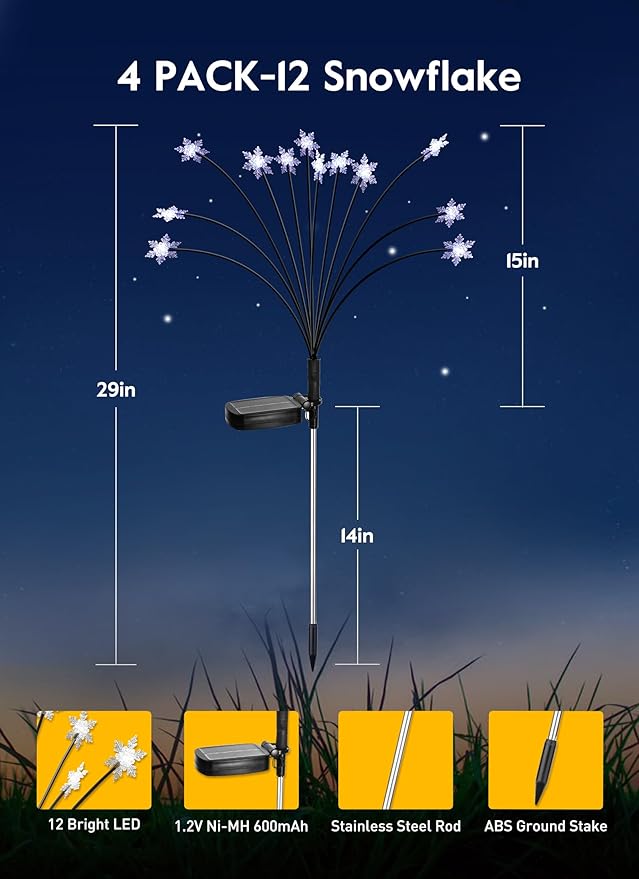 Brightown Christmas Pathway Lights - 4 Pack 48 LED Snowflake Outdoor Lights with 2 Modes, Swaying with Wind, Waterproof Solar Firefly Light Decoration for Yard, Cool White