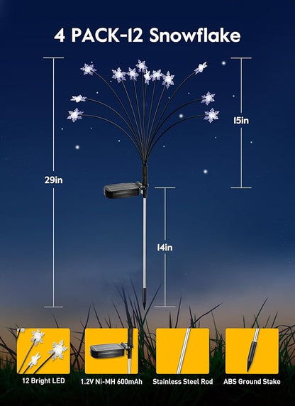 Brightown Christmas Pathway Lights - 4 Pack 48 LED Snowflake Outdoor Lights with 2 Modes, Swaying with Wind, Waterproof Solar Firefly Light Decoration for Yard, Cool White