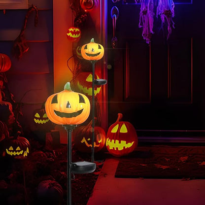 Bshine Solar Garden Lights Pumpkin Halloween Decorations, Outdoor Hand Blown Glass Pumpkin Metal Stakes Waterproof Garden Decor Patio Path Decorative Lights for Halloween Party, Fall Festivals, 2 Pack