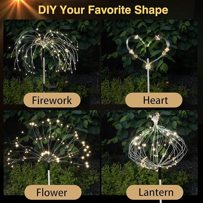 Lewondr Firework Solar Garden Lights 4 Pack, 120 LED Solar Firework Lights with 8 Lighting Modes, Waterproof Sparkler Starburst Solar Lights Outdoor for Yard Porch Patio Backyard, Warm