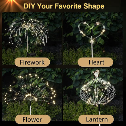 Lewondr Firework Solar Garden Lights 4 Pack, 120 LED Solar Firework Lights with 8 Lighting Modes, Waterproof Sparkler Starburst Solar Lights Outdoor for Yard Porch Patio Backyard, Warm