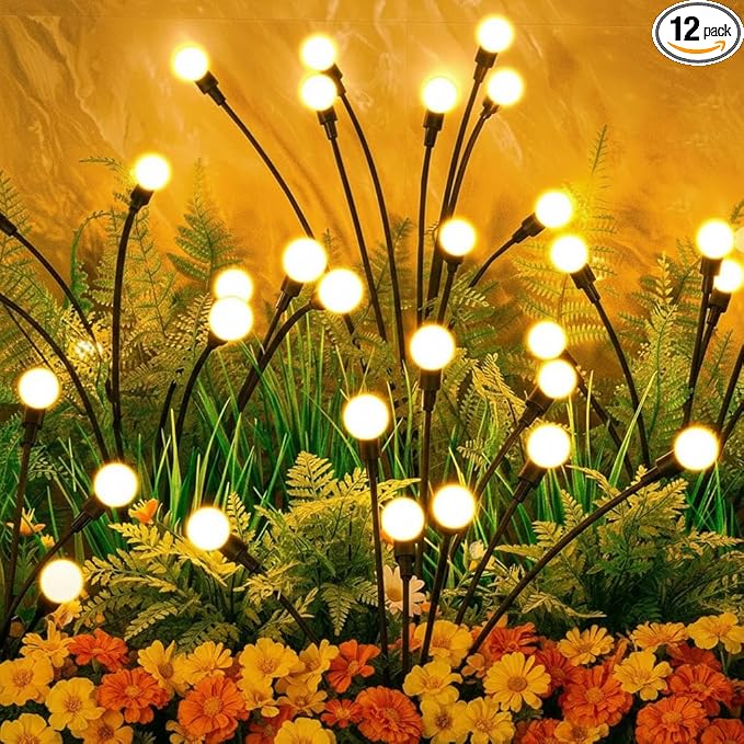 Solar Garden Lights Outdoor - 12 Pack 96LED Solar Powered Waterproof Firefly Lights for Yard Patio Lawn Pathway Decor, Swaying Warm White Glow in The Dark Lights, Unique Gifts for Women & Plant Lovers